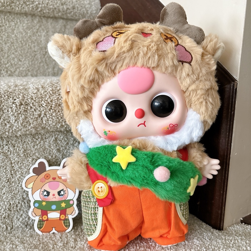 Baby three 400% Christmas edition Adorable Reindeer Plush Toy with Orange Outfit